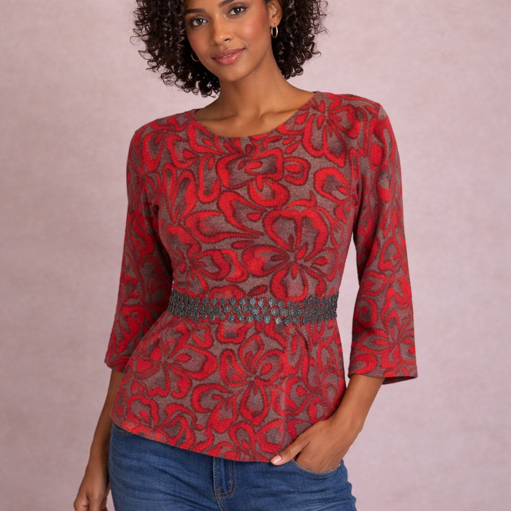 Anthro Tabitha Wool Floral Embellished Top M Red Gray Boho Statement Blouse